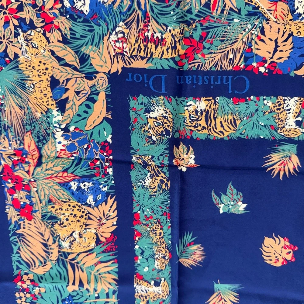 Vtg Christian Dior Hand Rolled Silk Scarf Jungle Animal Navy France Made 29.5”